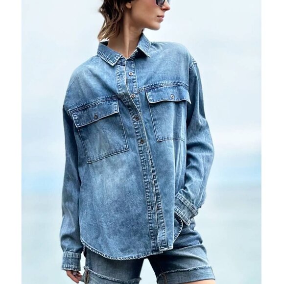 NEW Wash Lab Oversized Denim Shirt Size M #2113 - Picture 2 of 8